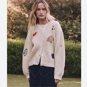 THE GREAT. Cream Cardigan with Embroidered Accents